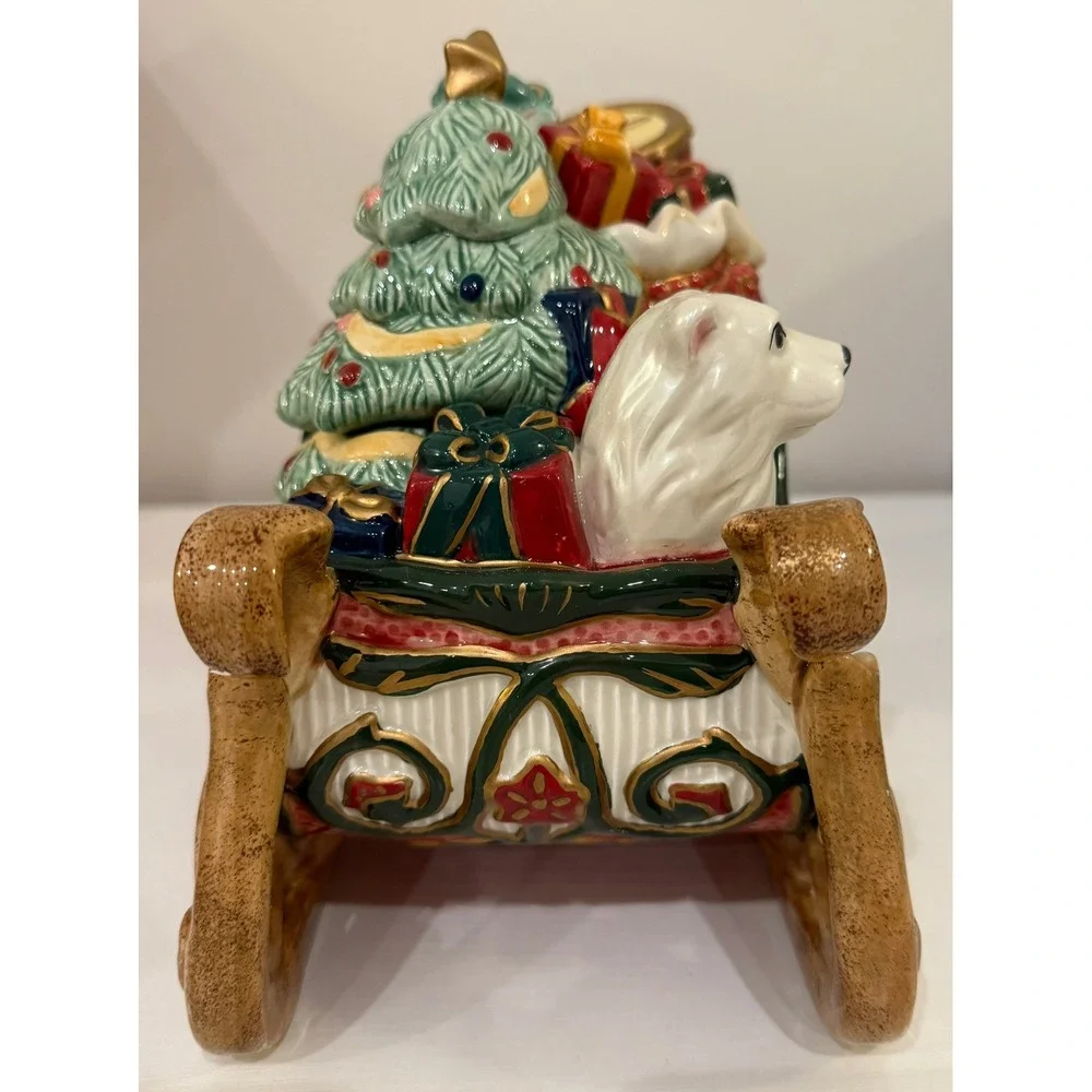 Fitz and Floyd Christmas Tidings Sleigh Candy Dish Polar Bear Presents Tree